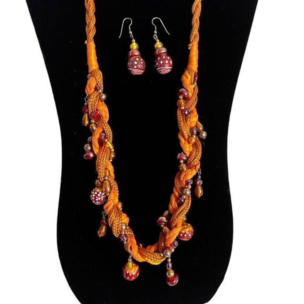 Artisan Orange Braided Textile Necklace and Earring Set Glass Ceramic Beads Boho